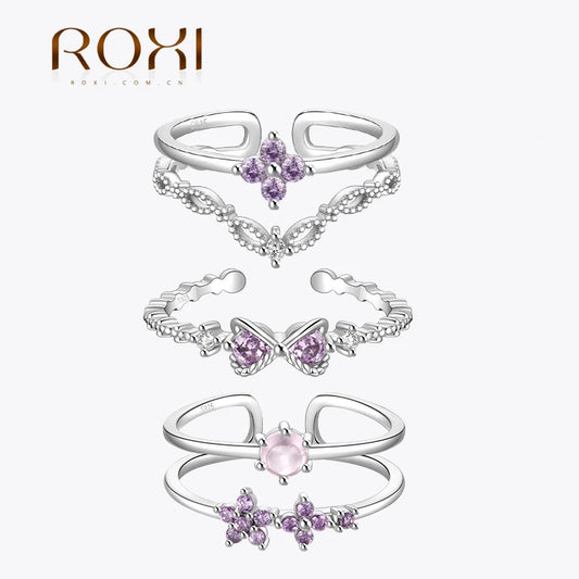 ROXI 925 Sterling Silver Open Ring Luxury Purple Zircon Finger Rings For Women Engagement Weddings Party Jewelry anillos