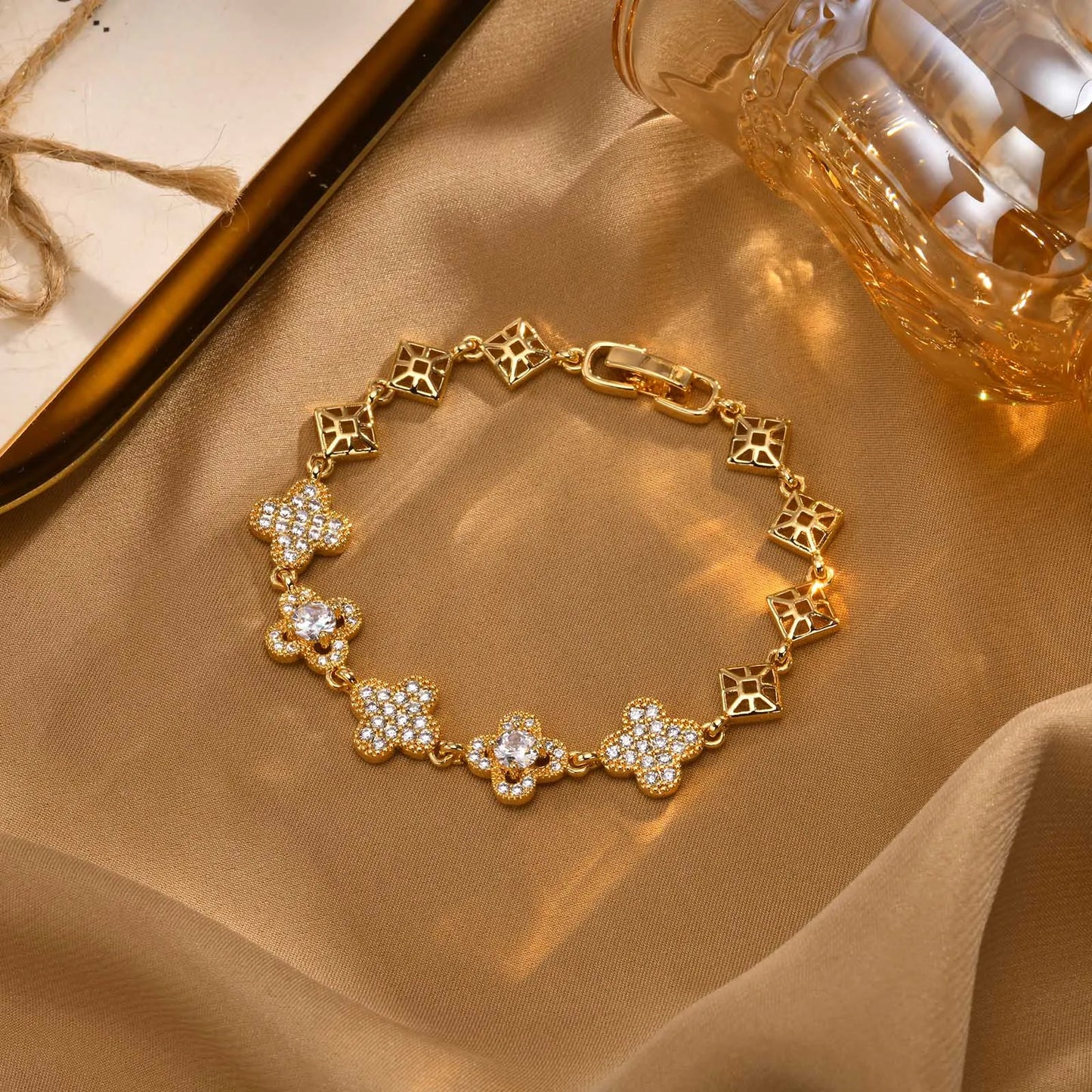 Cubic Zirconia Clover Bracelet for Women18k Gold Plated Link Statement Jewelry