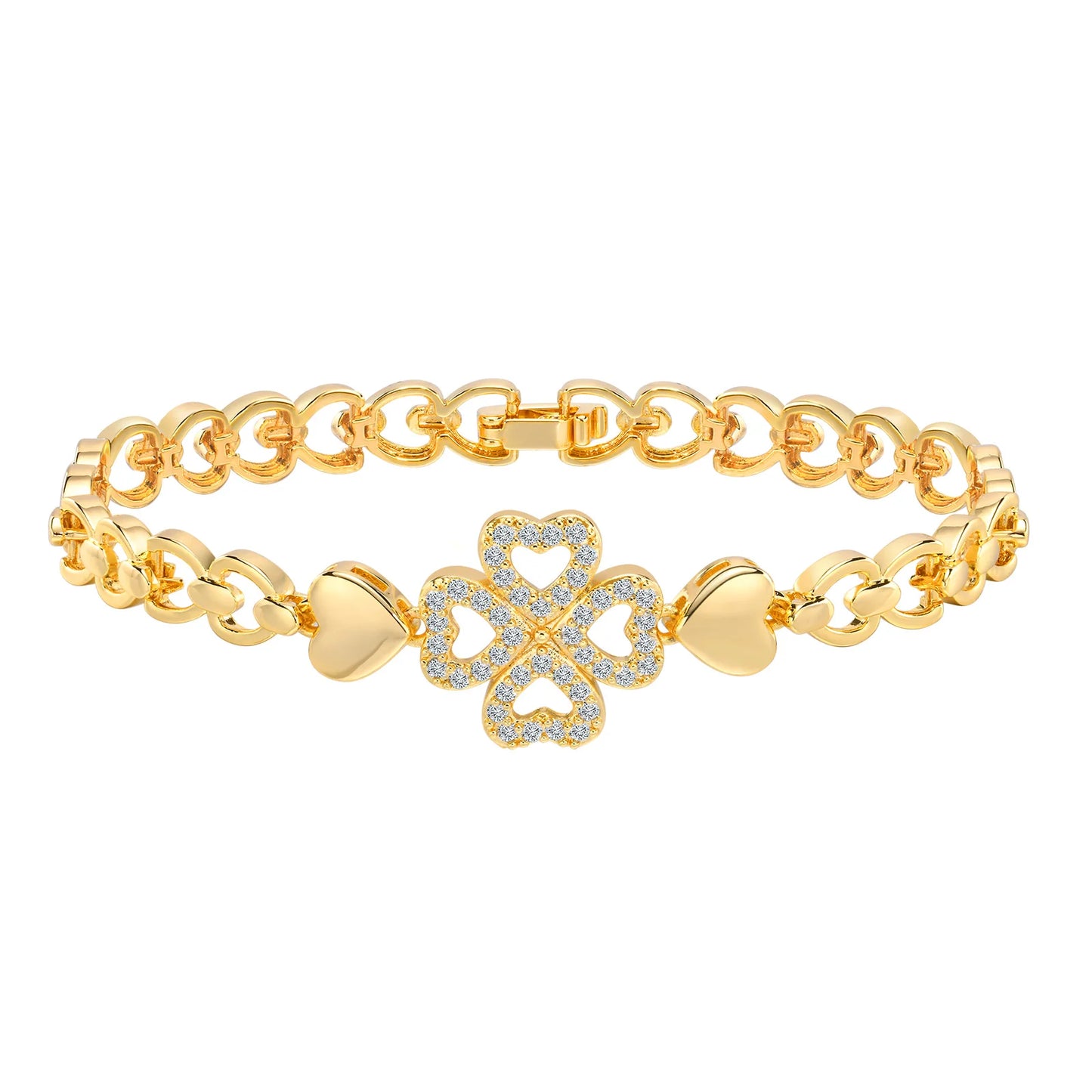 Cubic Zirconia Clover Bracelet for Women18k Gold Plated Link Statement Jewelry