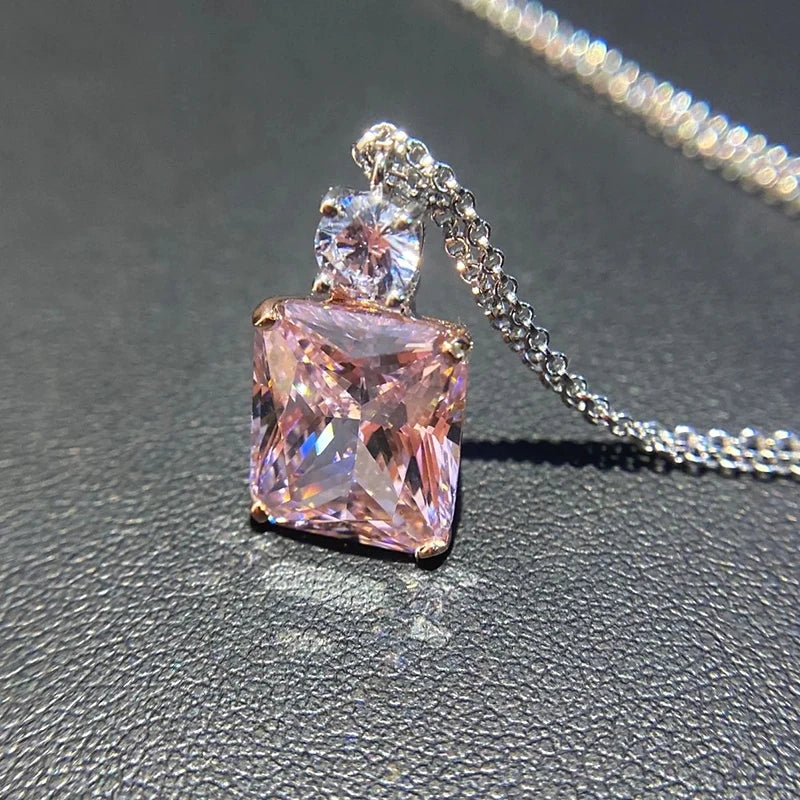 Huitan Luxury Pink Cubic Zirconia Pendant Necklace Newly Designed Women Neck Accessories Wedding Party Temperament Lady Jewelry