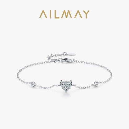 Ailmay Genuine 925 Sterling Silver heart-shaped Chain Bracelet For Women Dazzling Clear Zircon Fine Female Jewelry