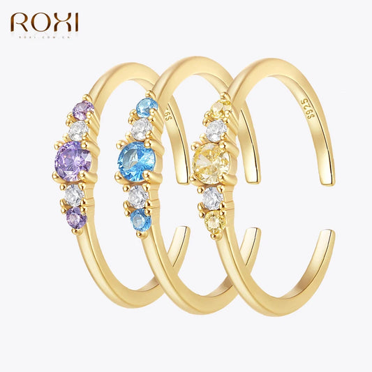 ROXI 925 Sterling Silver Yellow/Blue/Purple Crystal Finger Rings For Women Men Adjustable Wedding Engagement Fine Jewelry Gift