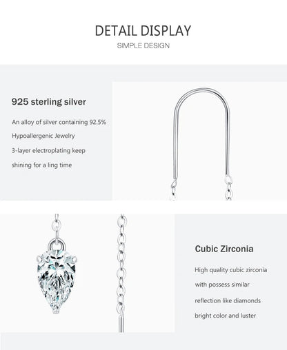 Ailmay 925 Sterling Silver Trendy Water Drop Zirconia Long Chain Tassel Dangle Earring For Women Girls Party Accessories Jewelry