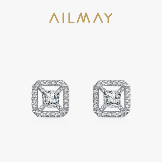 Ailmay Superior Quality 925 Sterling Silver Luxury Square Dazzling CZ Stud Earrings For Women Wedding Engagement Jewelry Gift