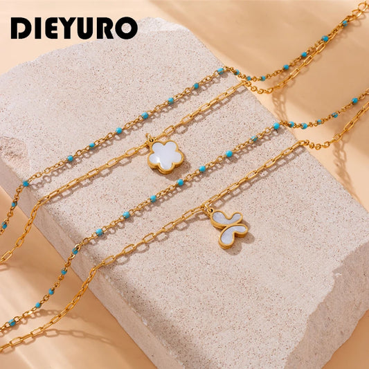 DIEYURO 316L Stainless Steel White Shell Butterfly Flower Anklet Bilayer Fashion Luxury Footsie Chain Waterproof Jewelry Gifts