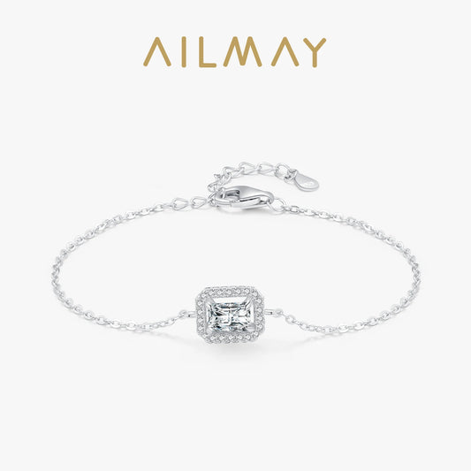 Ailmay 925 Sterling Silver Luxury Dazzling Rectangle1Ct Zirconia Link Chain Charm Bracelet For Women Wedding Engagement Jewelry