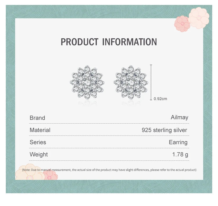 Ailmay Top Quality Real 925 Sterling Silver Full CZ Snowflake Stud Earrings For Women Luxury Wedding Engagement Jewelry Gift