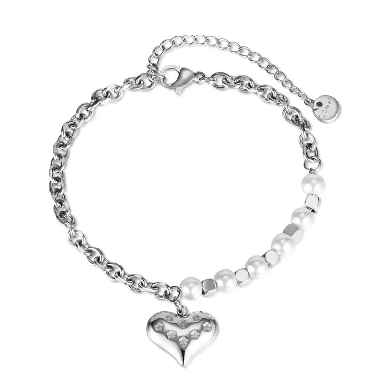 PAXA Korean Heart Cubic Zirconia Pearl Stainless Steel Chain Bracelet Bangle for Women Sweet Daily Trendy Texture Jewelry Gifts