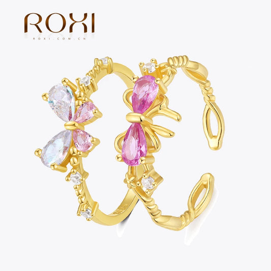 ROXI 925 Sterling Silver Bowknot/Butterfly colorful Crystal Rings For Women Men Adjustable Party Wedding Engagement Jewelry Gift