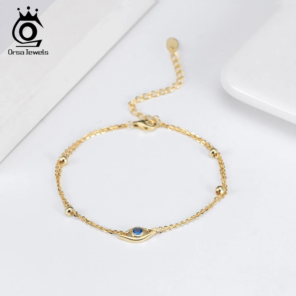 ORSA JEWELS Classic 925 Sterling Silver 2 Layers Evil Eyes Chain Bracelet for Women Fashion14K Gold Bracelet Party Jewelry APB04