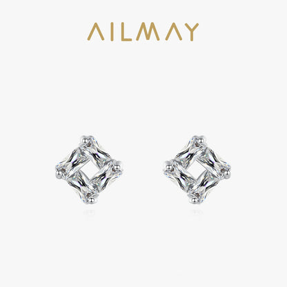 Ailmay 925 Sterling Silver Square Transparent Trapezoidal Ripple Earrings Clear Zircon For Women Girls Party Accessories Jewelry