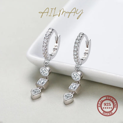 Ailmay Real 925 Sterling Silver Fashion Geometric Combination Clear CZ Hoop Earrings For Women Wedding Engagement Fine Jewelry