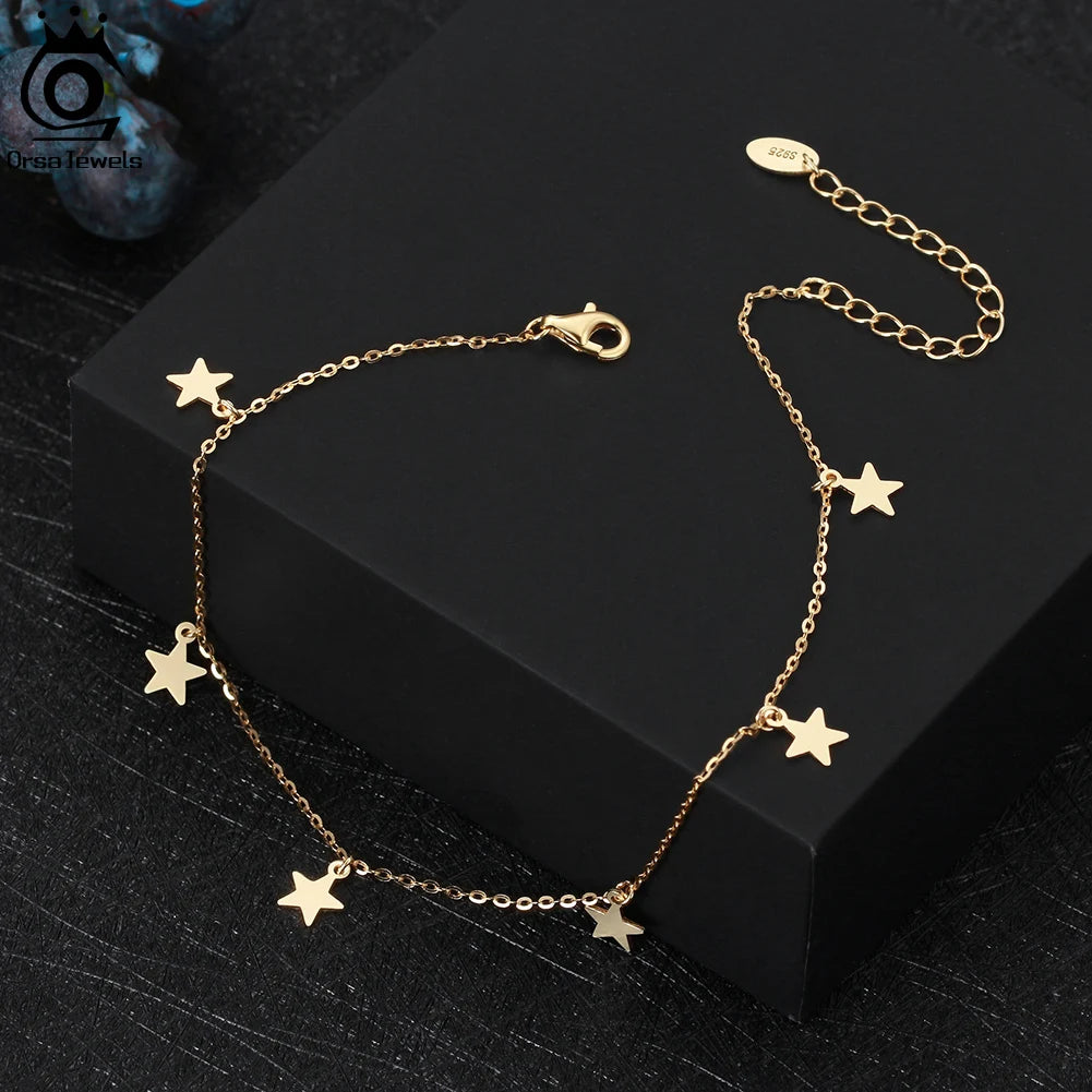 ORSA JEWELS 925 Sterling Silver Star Anklets for Women Girls Summer Boho Beach Anklets Adjustable Foot Chains Jewelry SA27