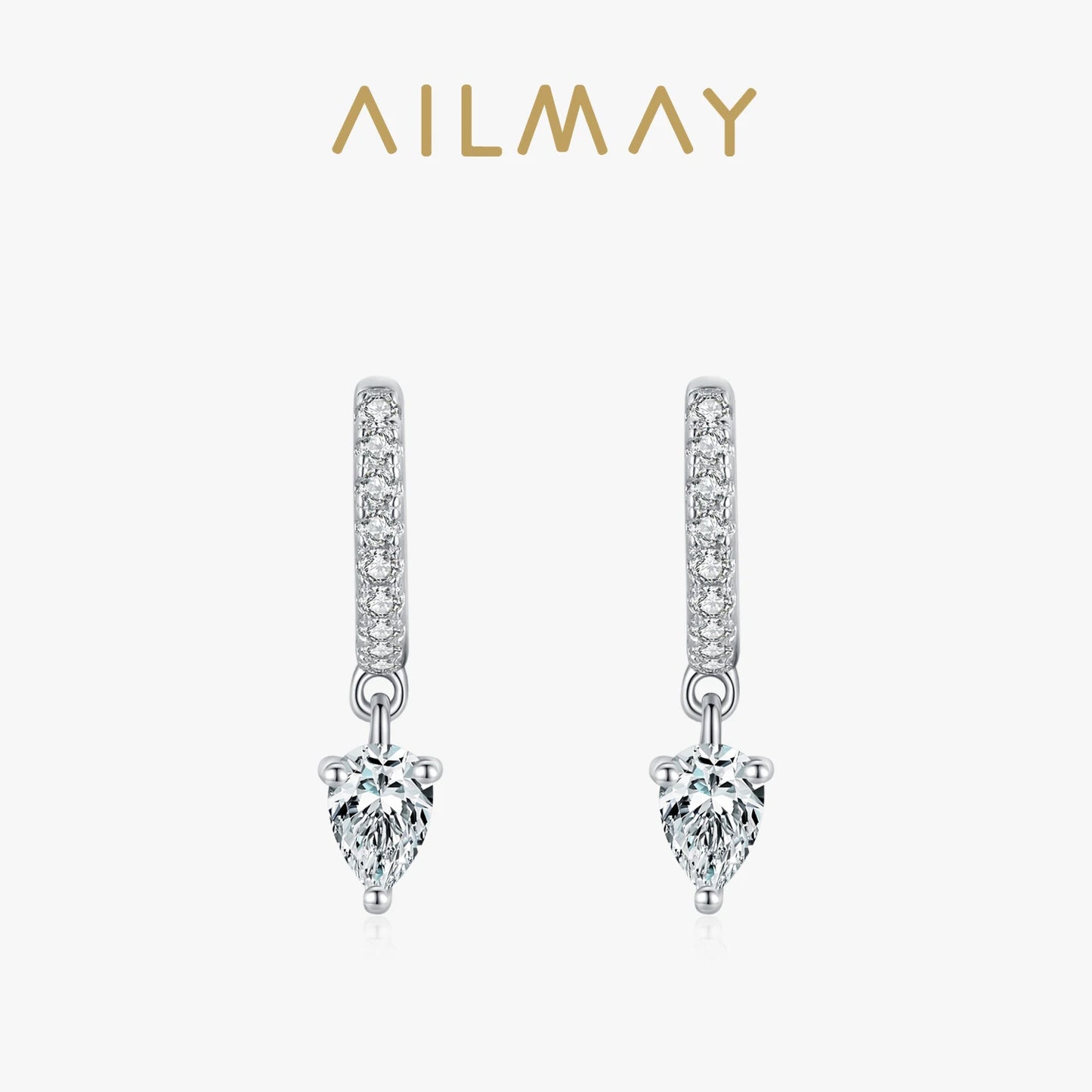 Ailmay 100% 925 Sterling Silver Fashion Clear CZ Water Drop Shape Sparkling Hoop Earrings  For Women Wedding Statement Jewelry