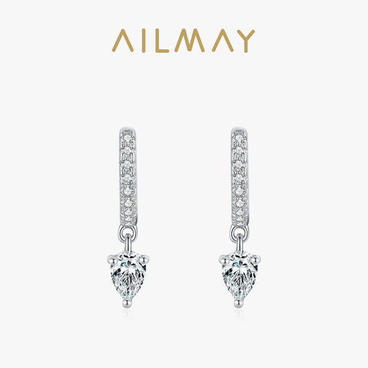 Ailmay 100% 925 Sterling Silver Fashion Clear CZ Water Drop Shape Sparkling Hoop Earrings  For Women Wedding Statement Jewelry