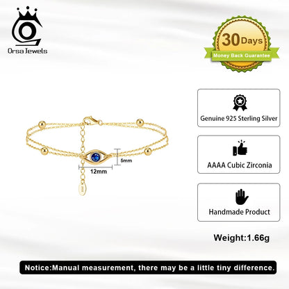 ORSA JEWELS Classic 925 Sterling Silver 2 Layers Evil Eyes Chain Bracelet for Women Fashion14K Gold Bracelet Party Jewelry APB04