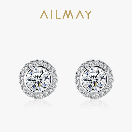 Ailmay 925 Sterling Silver Round Earrings Classic Luxury Full Cubic Zirconia Earrings For Women Wedding Engagement Jewelry