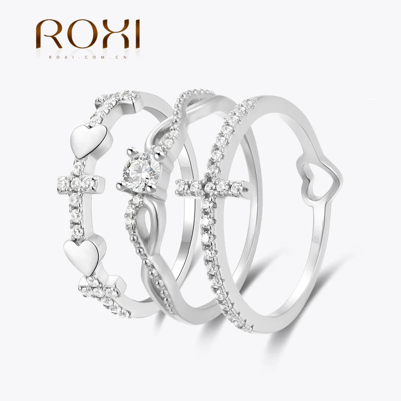 ROXI 925 Sterling Silver Cross/Heart/Infinite Crystal Rings For Women Men Adjustable Party Wedding Engagement Jewelry Gift