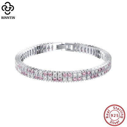 Rinntin 2 Rows Tennis Bracelet 925 Sterling Silver Women's Luxury Clear&Pink Cubic Zirconia Chain Bracelet Jewelry SB157