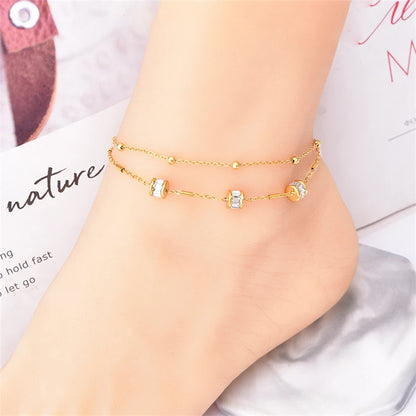 316L Stainless Steel New Fashion Fine Jewelry 2-Layer Cylinder Beading Crystal Zircon Tire Shape Charm Chain Anklets For Women