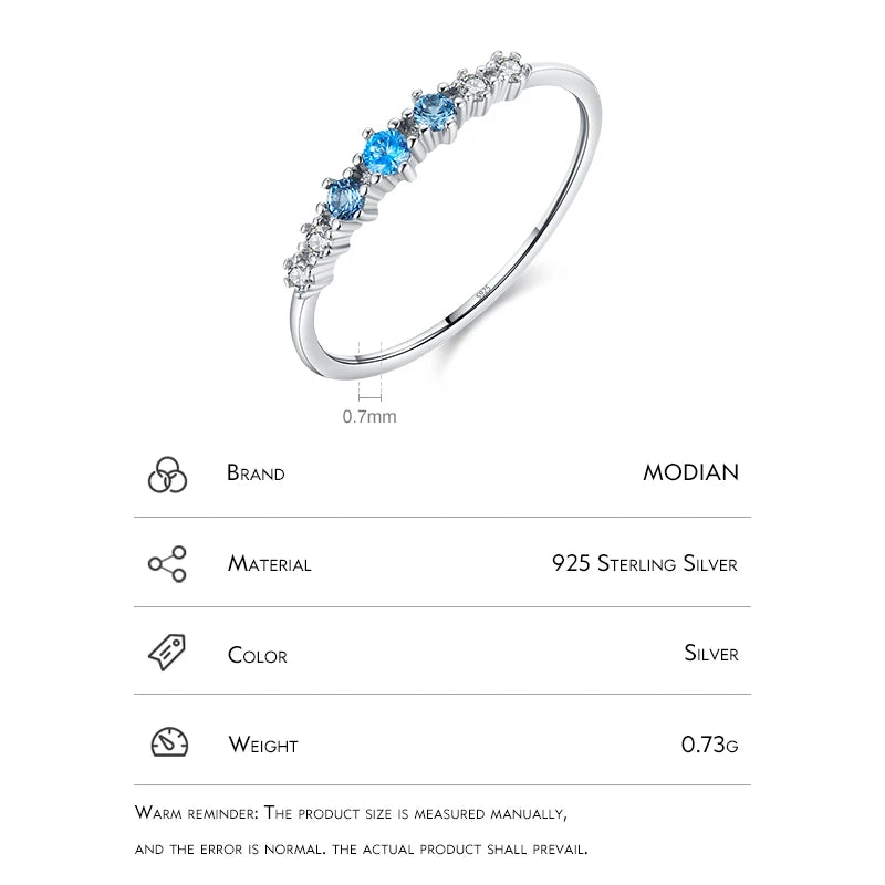 Modian 925 Sterling Silver Simple Stackable Fashion Thin Finger Ring Charm Blue Zirconia Rings For Women Wedding Fine Jewelry