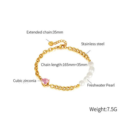 PAXA Korean Heart Cubic Zirconia Pearl Stainless Steel Chain Bracelet Bangle for Women Sweet Daily Trendy Texture Jewelry Gifts