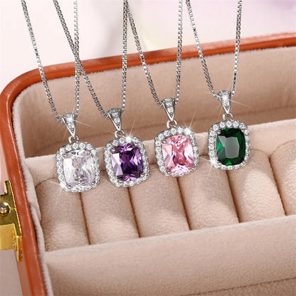 Huitan Luxury Elegant Lady's Cubic Zirconia Pendant Necklace White/Green/Purple/Pink Colors Fashion Wedding Eternity Jewelry Hot