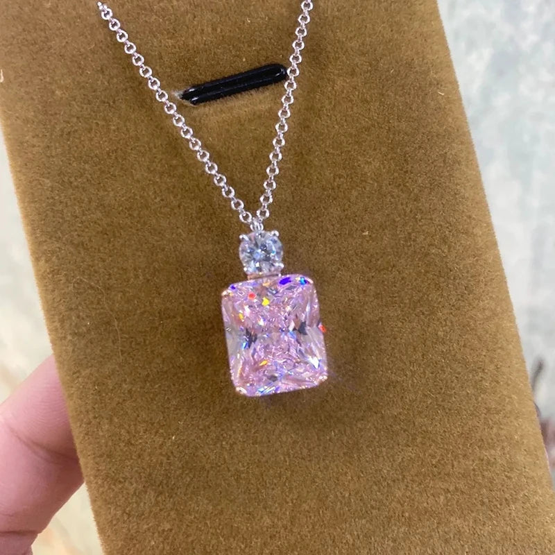 Huitan Luxury Pink Cubic Zirconia Pendant Necklace Newly Designed Women Neck Accessories Wedding Party Temperament Lady Jewelry