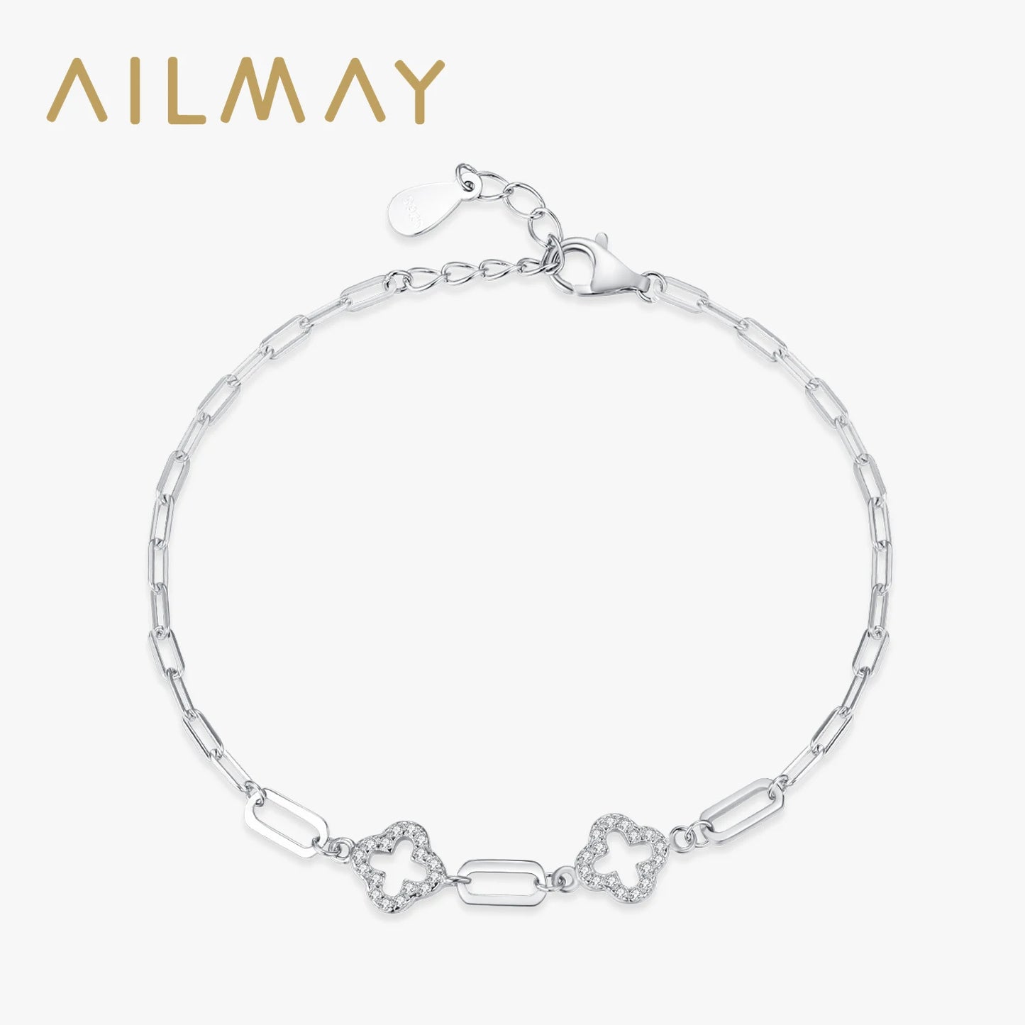 Ailmay Real 925 Sterling Silver Charm Lucky Grass Cubic Zirconia Adjustable Bracelet For Women Classic Wedding Statement Jewelry