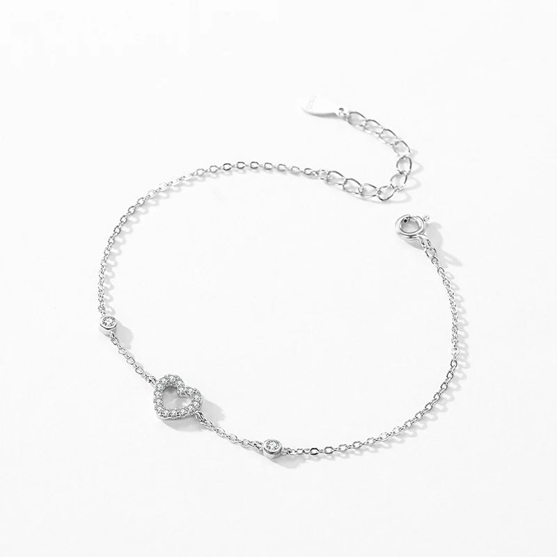 Ailmay Solid 925 Sterling Silver Charm Cute Heart Sparkling Zirconia Link Chain Bracelet For Women Female Valentine's Day Gifts