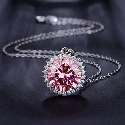 Huitan Fancy Round Pink Cubic Zirconia Pendant Necklace Exquisite Neck Accessories for Dance Party Luxury Fashion Women Jewelry