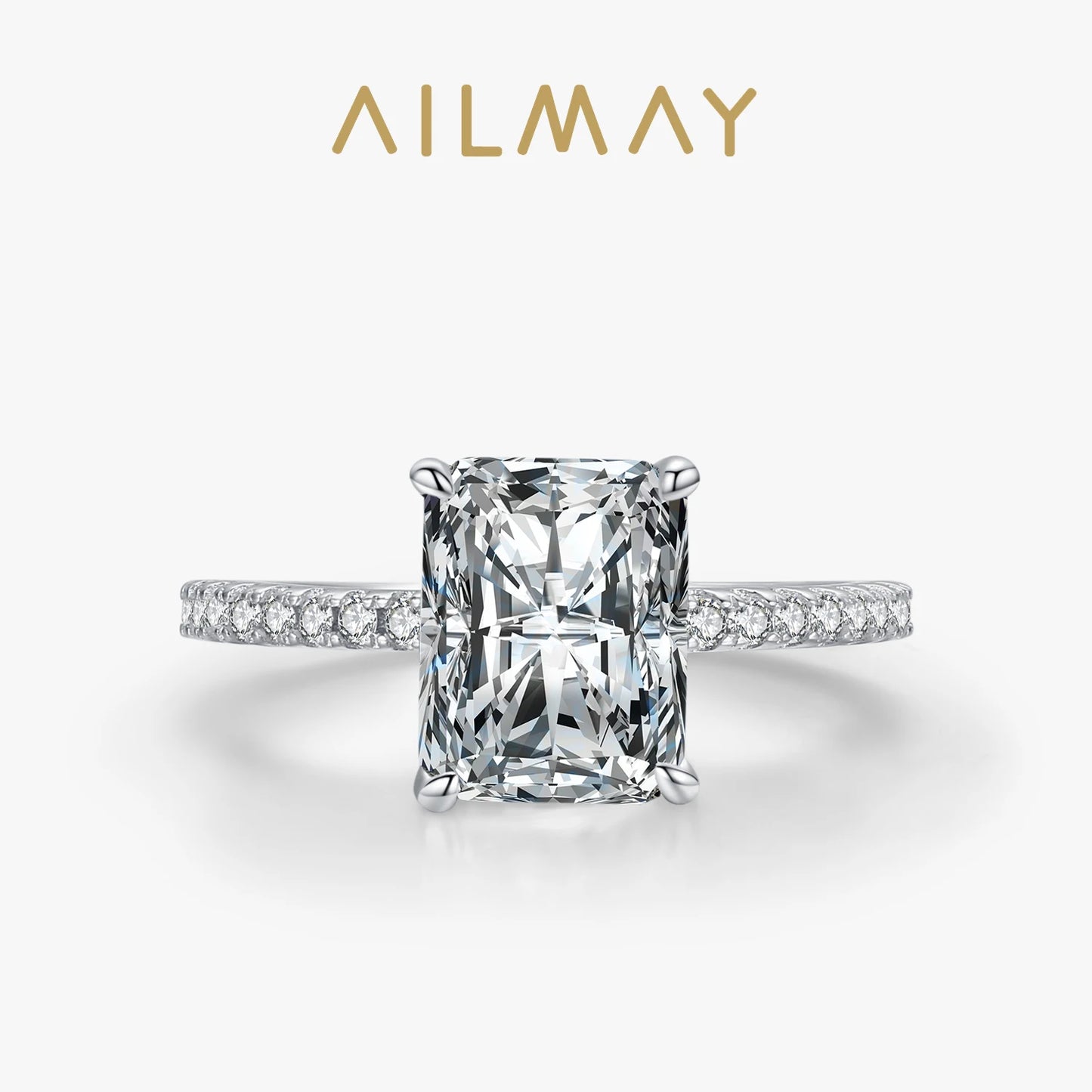 Ailmay 925 Sterling Silver Classic Luxury Rectangle Shiny 5A Clear Zircon Finger Ring For Women Wedding Engagement Jewelry Gift