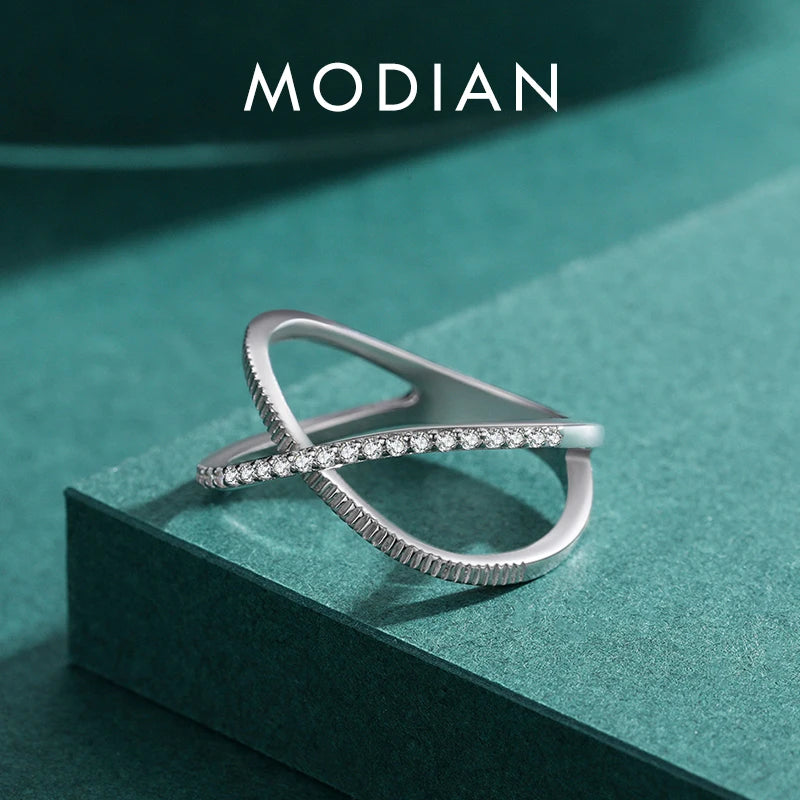 MODIAN Authentic 925 Sterling Silver Sparkling Clear CZ Cross Ring For Women Simple Design Ring Fine Jewerlry Gift Accessories