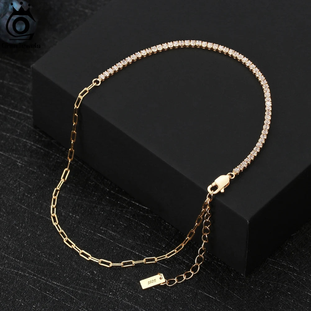 ORSA JEWELS 925 Sterling Silver Tennis Chain Anklet Clear AAAA Zirconia Half Chain Half Tennis for Women Birthday Gift SA21