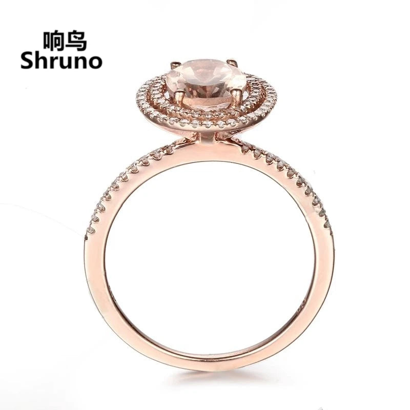 Shruno Solid 14k Rose Gold 1.3ct Oval 6x8mm Natural Morganite Engagement Ring Women Diamonds Wedding Trendy Fine Jewelry Gift