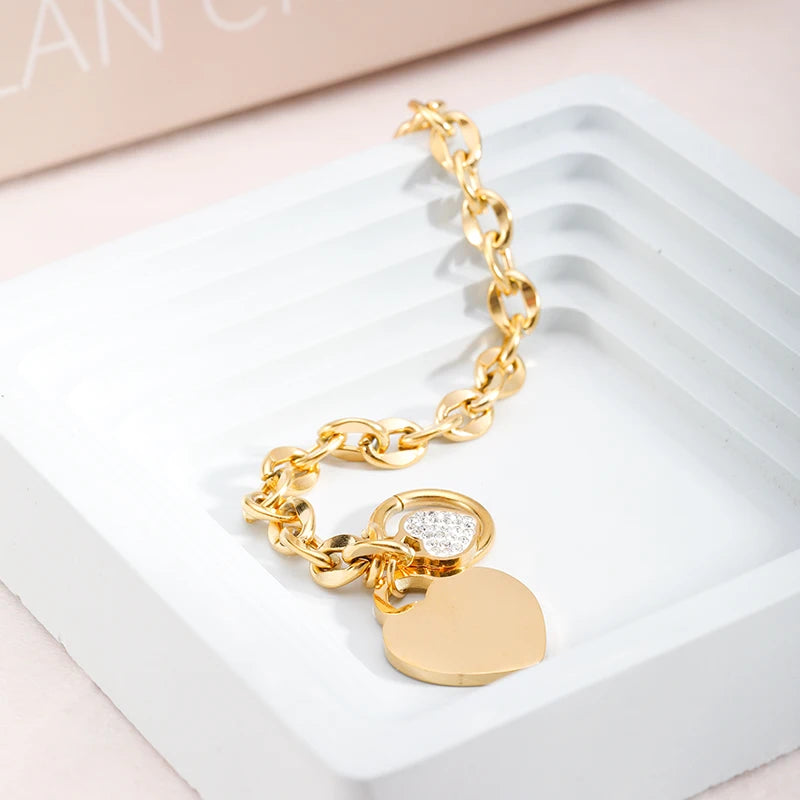 PAXA Fashion Elegant Heart Cubic Zirconia Stainless Steel Bracelet For Women Gold Color Thick Chain Charm Female Jewelry Gifts