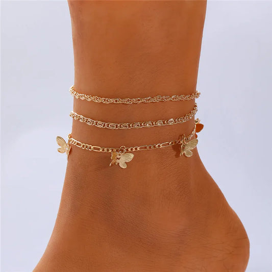 Summer Gold Color Multi-Layer Butterfly Pendant Anklet Bohemian Beach Ankle Bracelet Women Girl Leg Feet Chain Jewelry Gifts