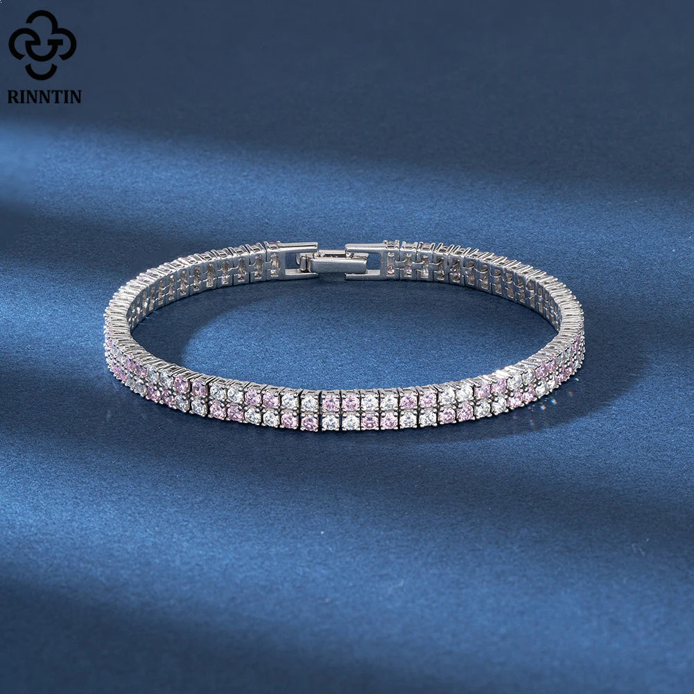 Rinntin 2 Rows Tennis Bracelet 925 Sterling Silver Women's Luxury Clear&Pink Cubic Zirconia Chain Bracelet Jewelry SB157