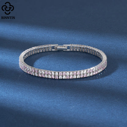 Rinntin 2 Rows Tennis Bracelet 925 Sterling Silver Women's Luxury Clear&Pink Cubic Zirconia Chain Bracelet Jewelry SB157