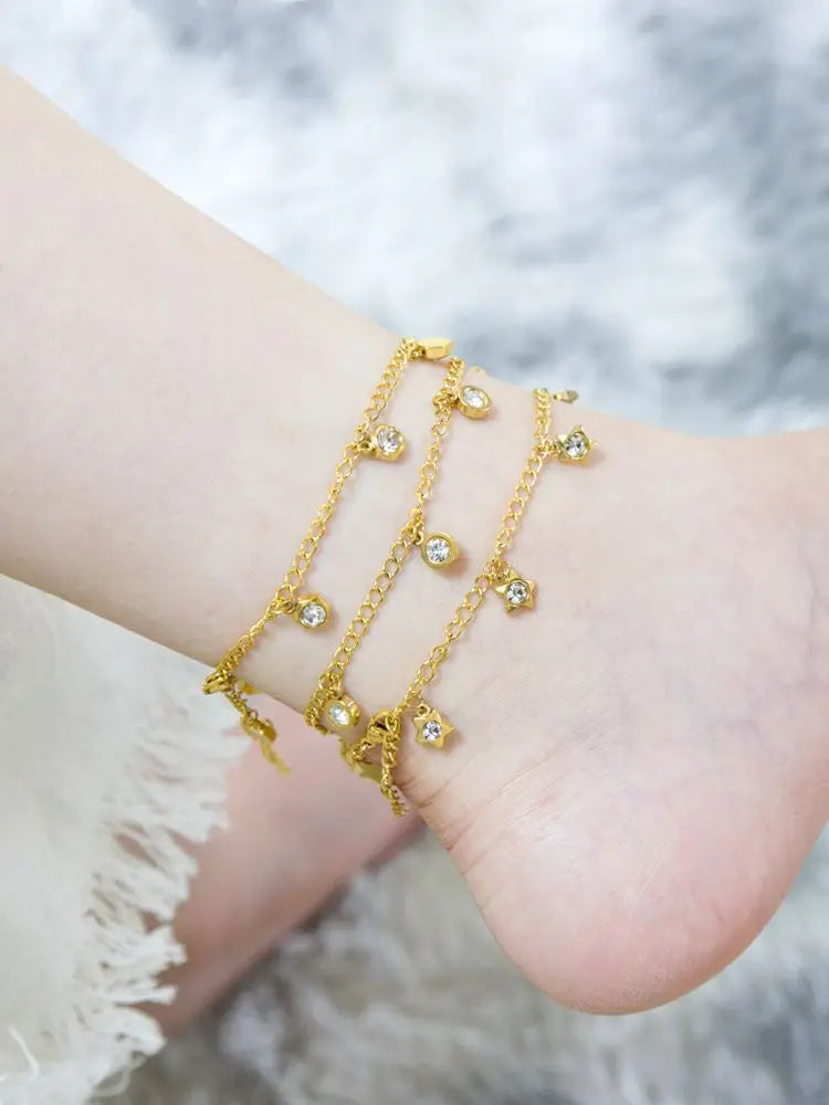 LUXUSTEEL Cryatal Hamsa Hand Charm Anklets For Women Girls Gold Color Stainless Steel Chain Ankle Summer Holiday Jewelry 23+5cm