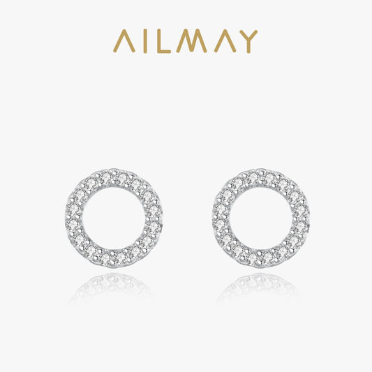 Ailmay Simple Fashionc 925 Sterling Silver Round Circle Clear Zircon Stud Earrings for Women Sterling Silver Jewelry Gift