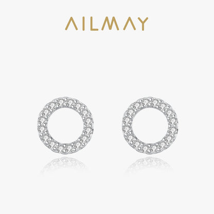 Ailmay Simple Fashionc 925 Sterling Silver Round Circle Clear Zircon Stud Earrings for Women Sterling Silver Jewelry Gift