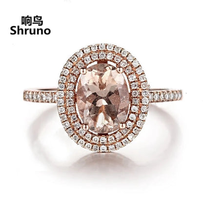 Shruno Solid 14k Rose Gold 1.3ct Oval 6x8mm Natural Morganite Engagement Ring Women Diamonds Wedding Trendy Fine Jewelry Gift