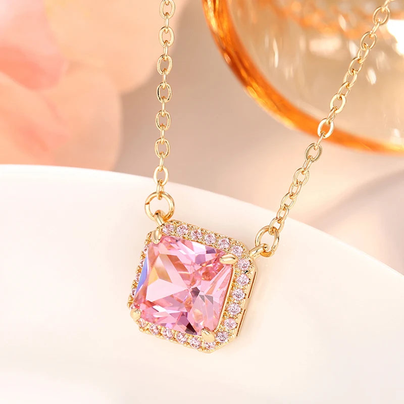 Huitan Square-shaped Pink Cubic Zirconia Pendent Necklace for Women Engagement Wedding Party Luxury Trendy New Necklace Jewelry