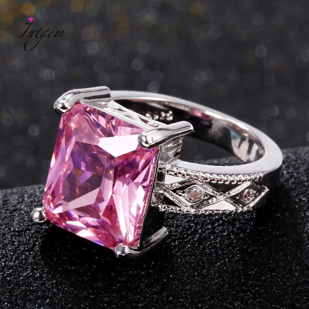 925 Silver Jewelry Cubic Zirconia Rectangle Pink Cushion Stone Rings Geometric Ring for Women Bridesmaid Wedding Party Gift Ring