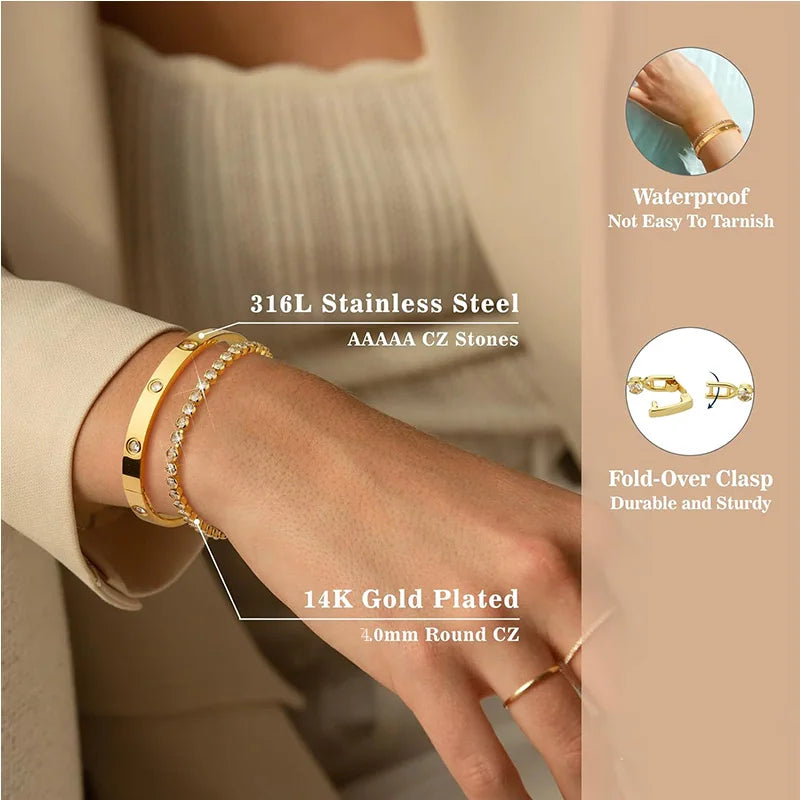 Stackable Gold Bracelets Bangles for Women Girls 14K Gold Plated Cubic Zirconia Tennis Bracelet Stainless Steel Jewelry Gifts