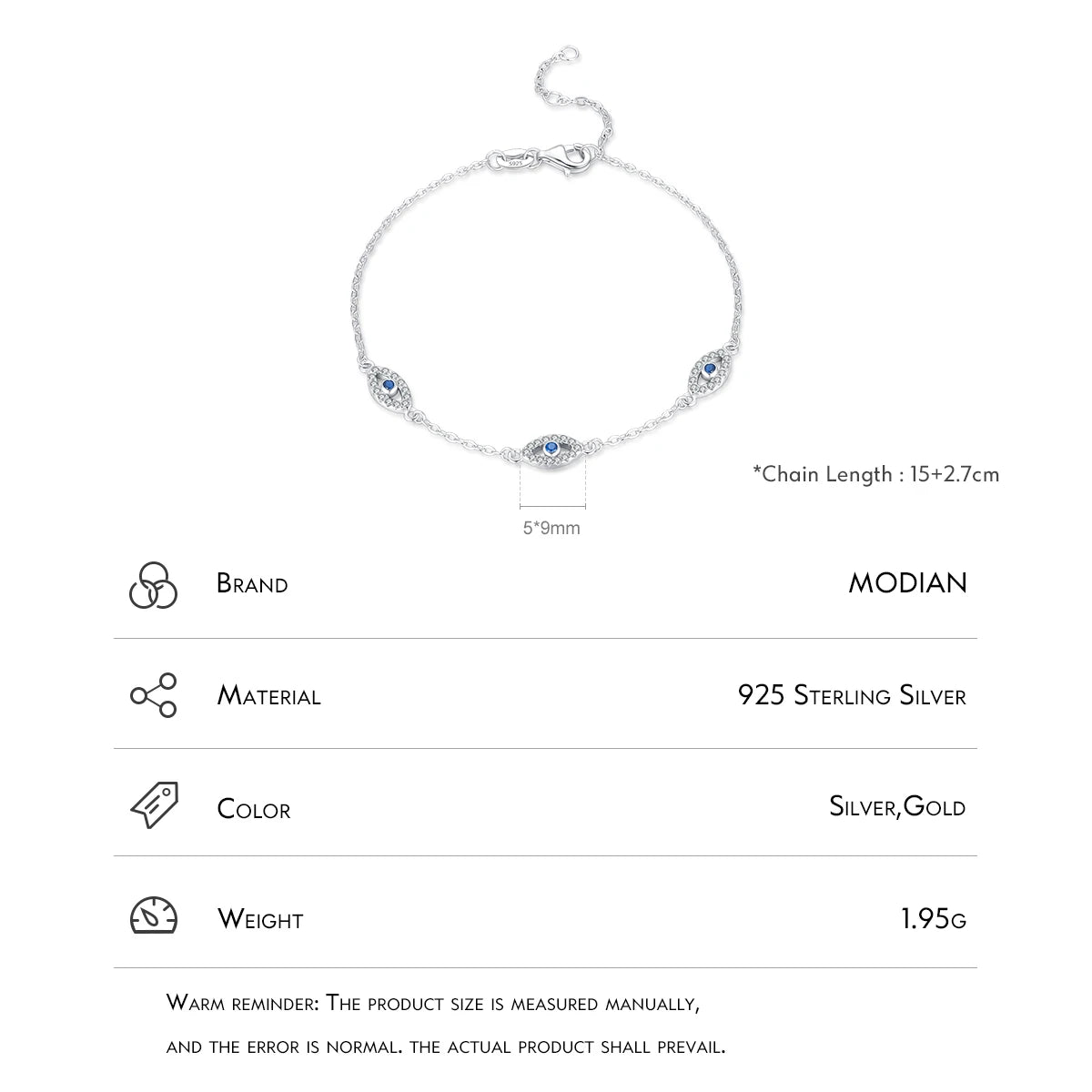 MODIAN 925 Sterling Silver Elegant Blue Clear CZ Adjustable Bracelet For Women Korea Style Blue Eyes Chain Link Fine Jewelry