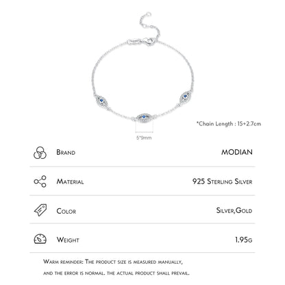 MODIAN 925 Sterling Silver Elegant Blue Clear CZ Adjustable Bracelet For Women Korea Style Blue Eyes Chain Link Fine Jewelry