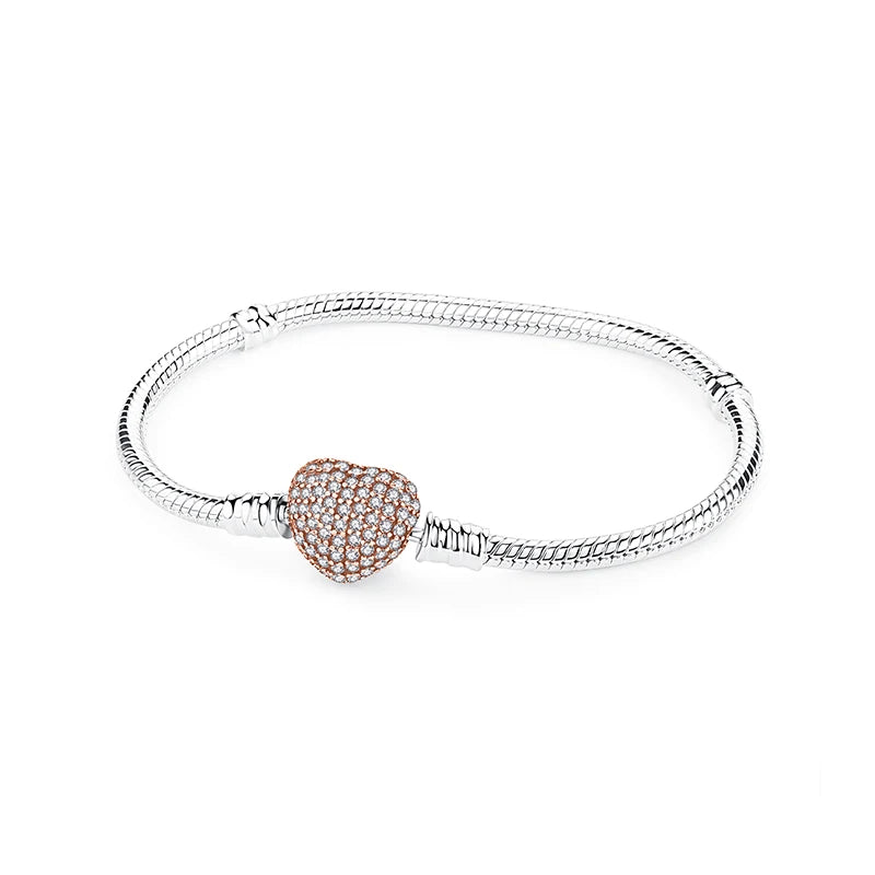 Original 925 Sterling Silver Bracelets For Women Charms Beads Rose Gold Pave CZ Love Heart Snake Chain Luxury Jewelry Gift