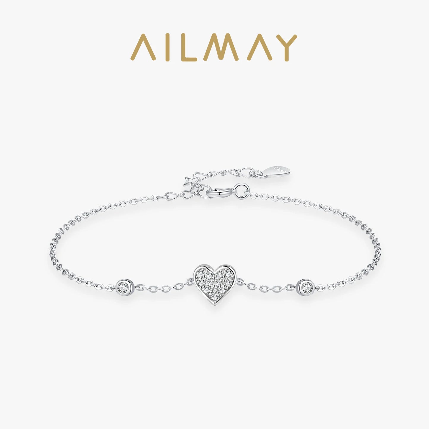 Ailmay 925 Sterling Silver Sweet Romantic Heart Clear Zircon Link Chain Bracelet For Women Wedding Engagement Jewelry Gifts